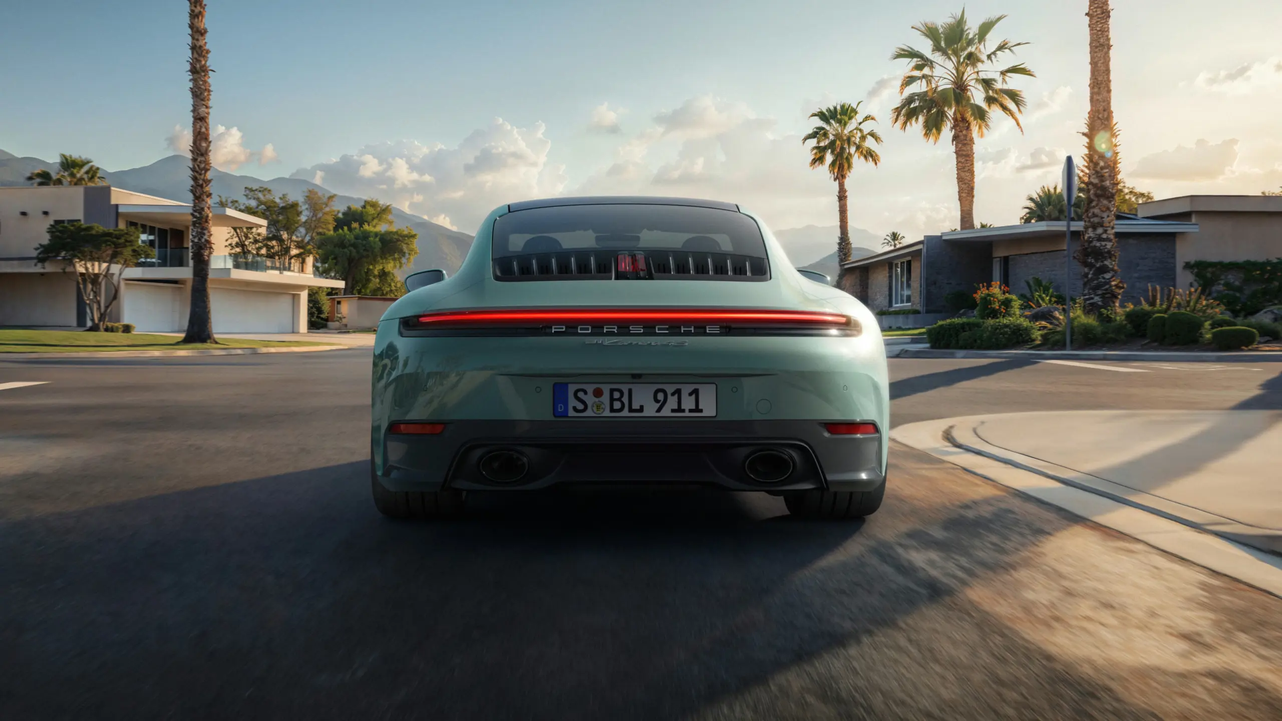 En lysegrøn Porsche 911 Carrera 4S ses oppefra, mens den kører på en kystvej ved havet.
