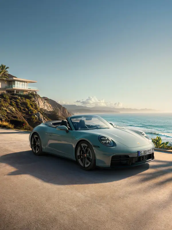 En lysegrå Porsche 911 Carrera 4S cabriolet holder parkeret ved en moderne kystvilla med udsigt over havet i solnedgangen.