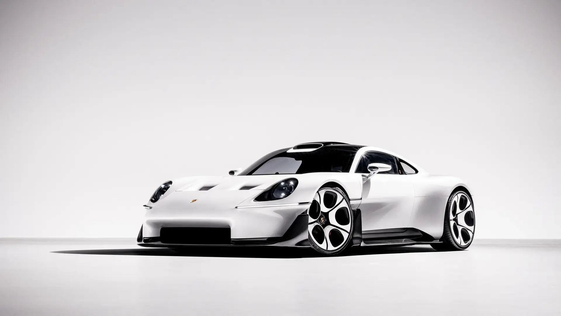 Hvid Porsche Mission S sportsvogn fotograferet i profil i et lyst, minimalistisk studie.
