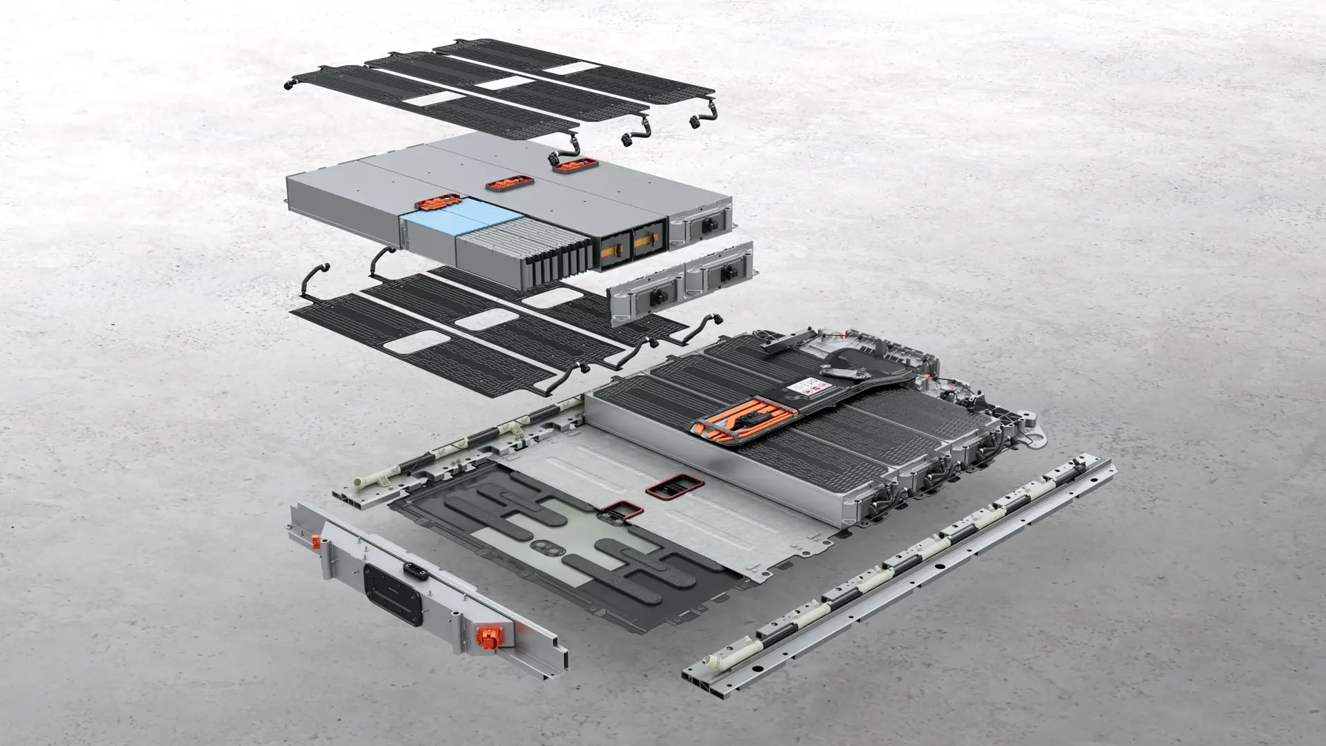 Eksploderet 3D-illustration af et højspændingsbatteri til en elektrisk Porsche Cayenne, der viser de interne moduler og køleplader.