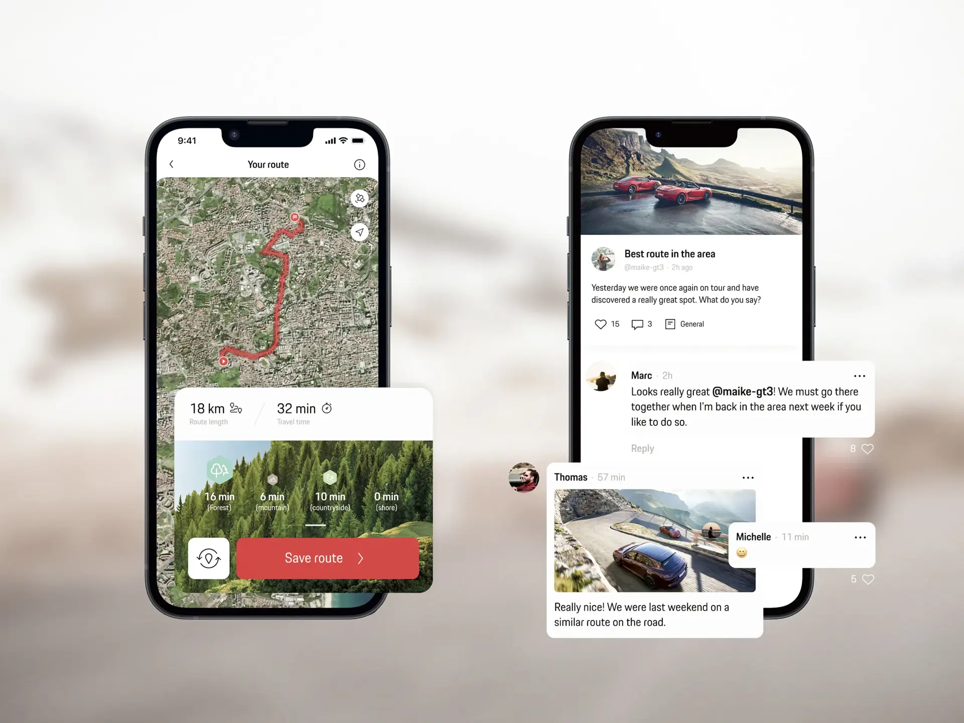 To smartphones viser en Porsche-app, hvor man kan planlægge køreture på kort og dele ruter samt billeder af sportsvogne med andre brugere.