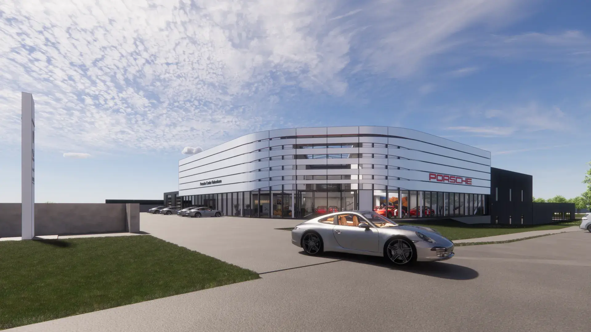 Visualisering af et moderne Porsche Center København i Gladsaxe med sportsvogne parkeret foran den glasfacaderede bygning under en blå himmel.