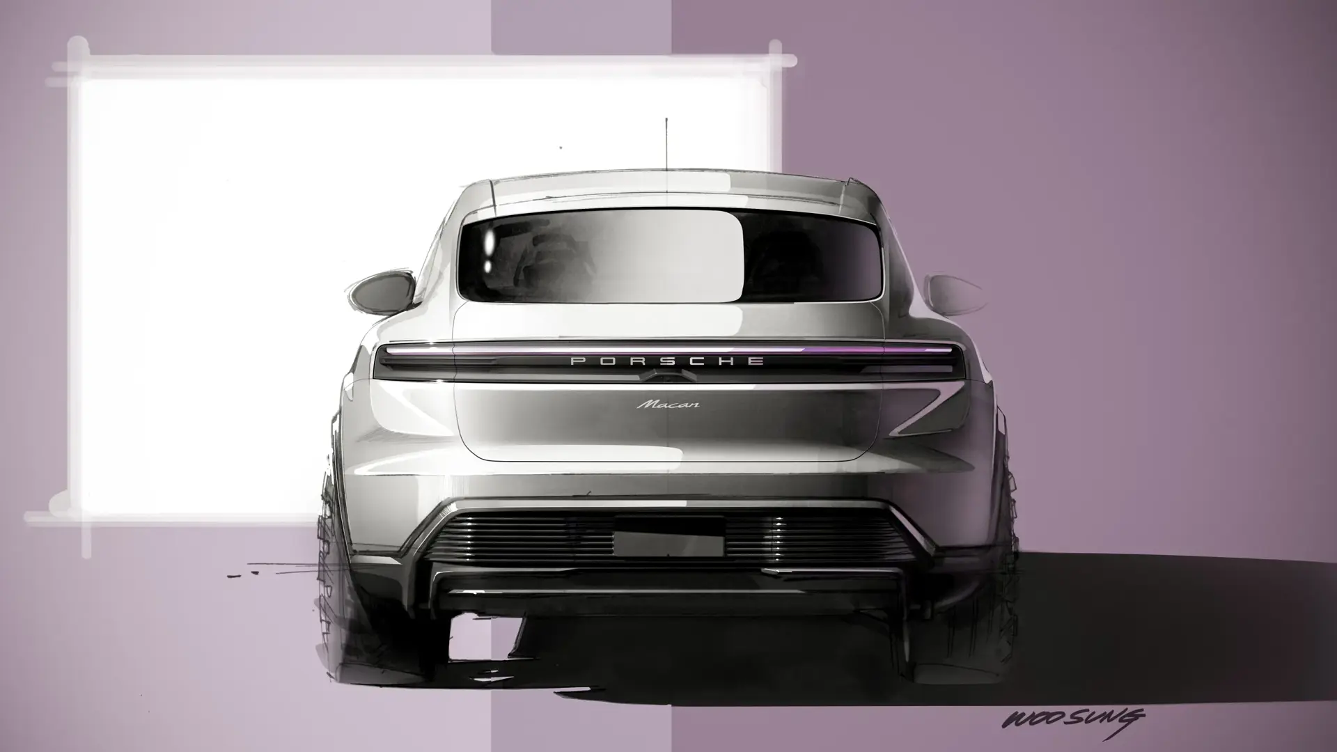 Designskitse af bagenden på en sølvgrå Porsche Macan set lige bagfra mod en lys baggrund.