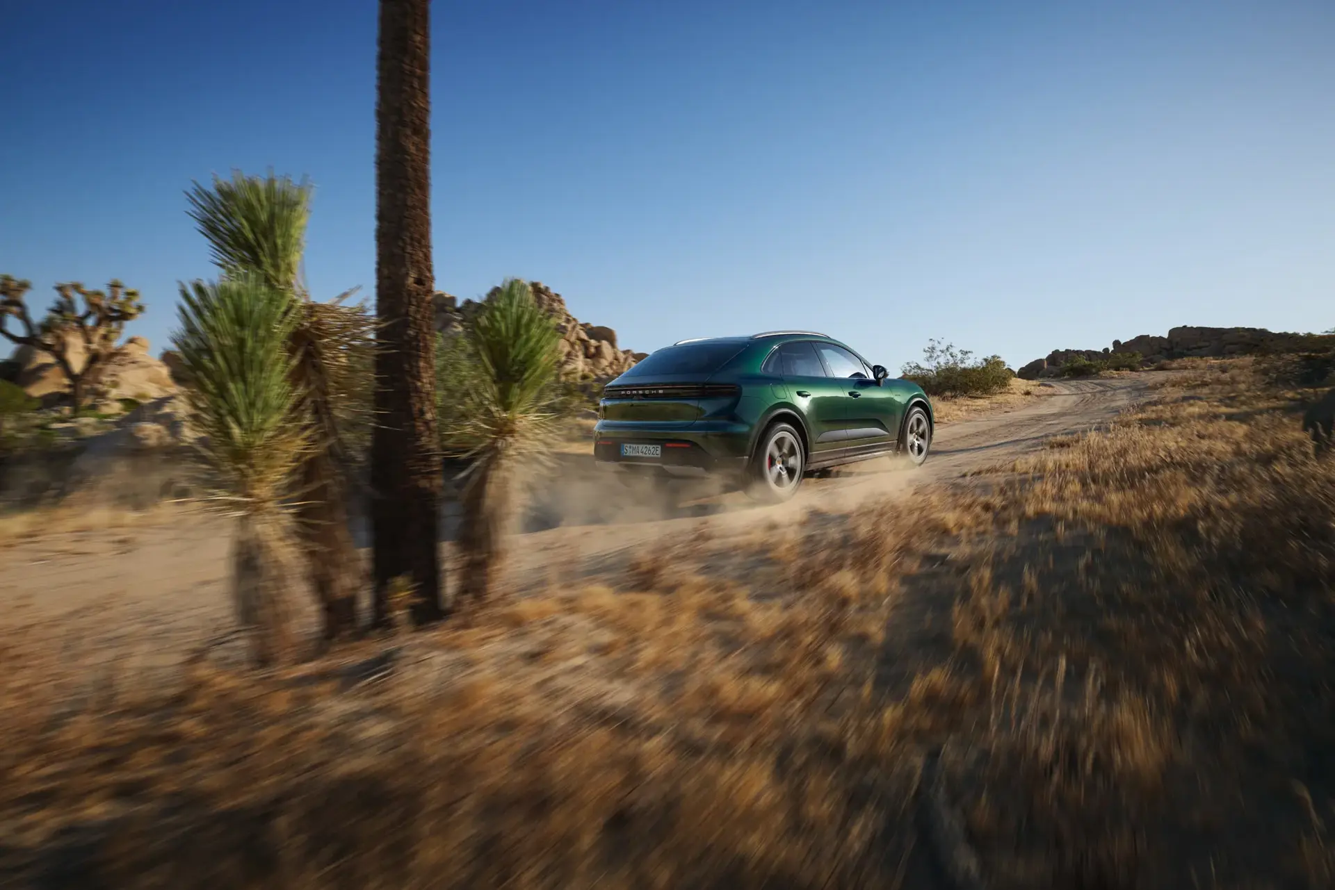 En grøn Porsche Macan kører hurtigt på en støvet grusvej gennem et tørt ørkenlandskab med klipper og palmer.