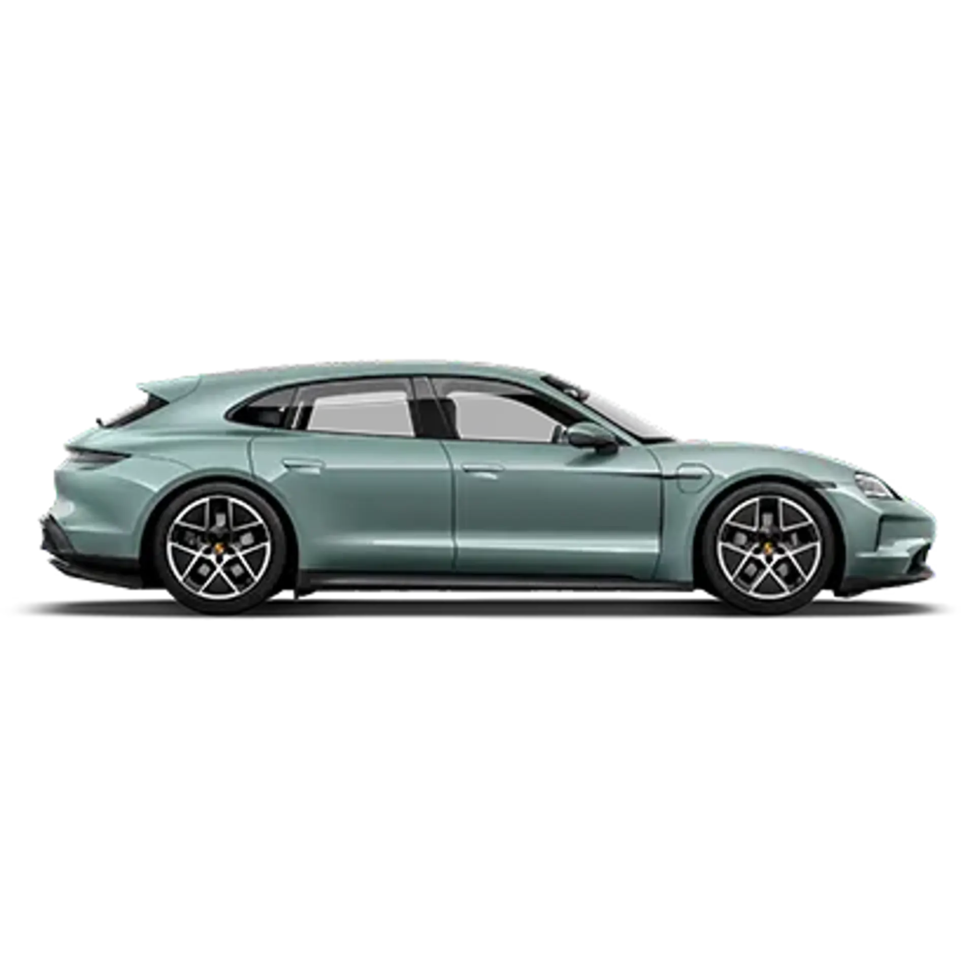 Lys grøn Porsche Taycan Sport Turismo set fra siden mod hvid baggrund.
