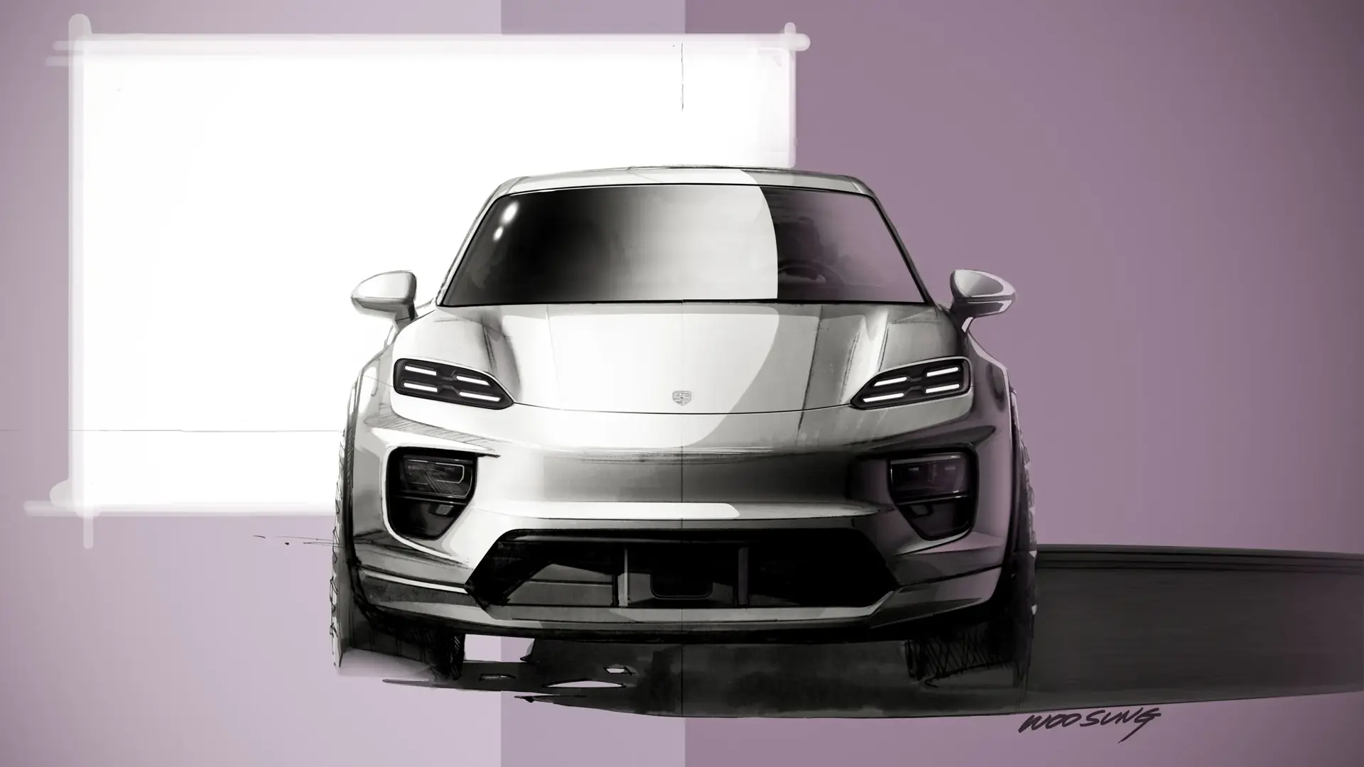 Digital designskitse af en sølvgrå Porsche Macan set forfra mod en lys baggrund.