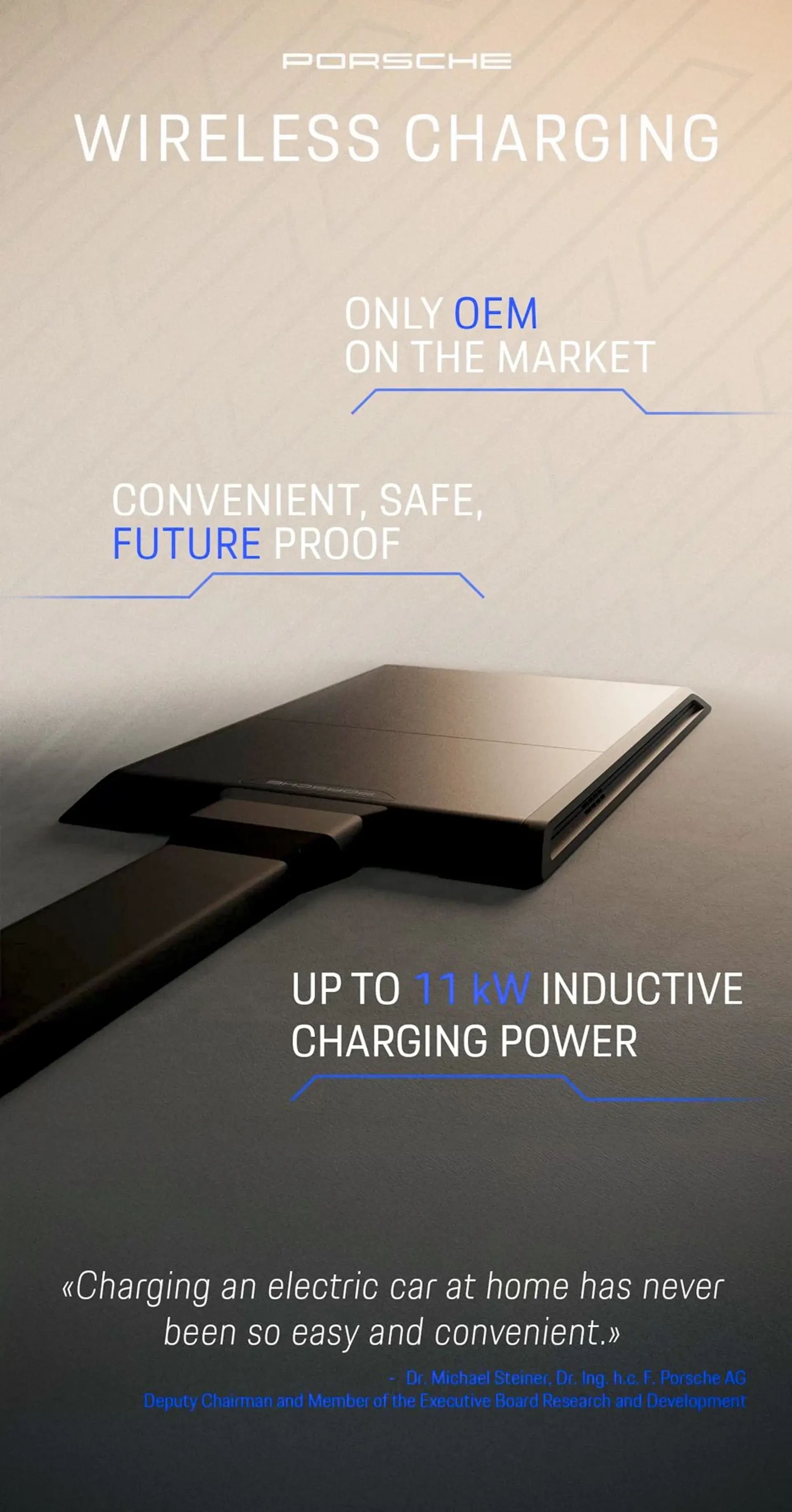 Reklamegrafik fra Porsche, der præsenterer et trådløst, induktivt ladepanel til elbiler med op til 11 kW ladeeffekt.