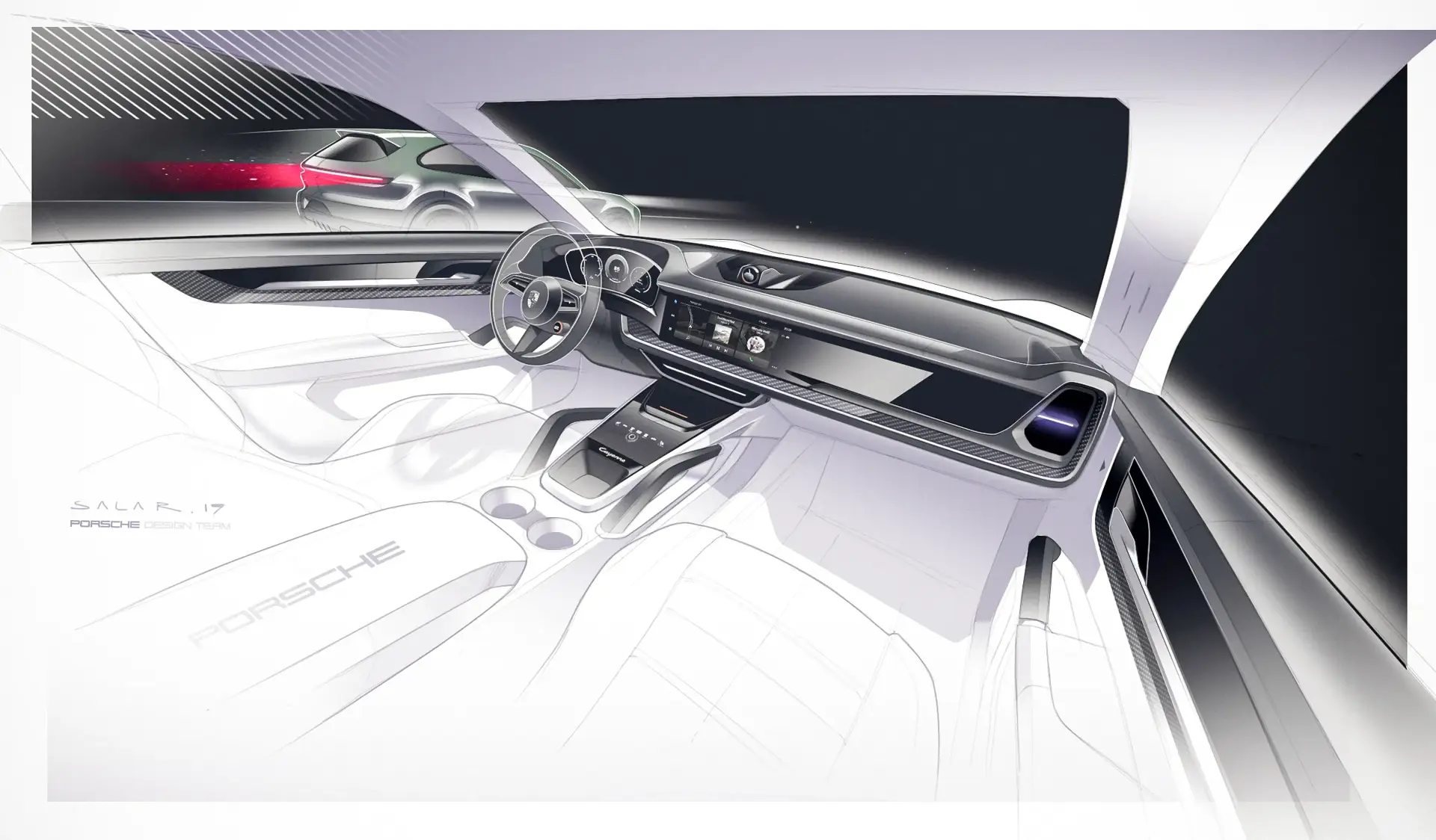 Illustration af et futuristisk Porsche-bilinteriør med digitalt cockpit, bredt instrumentbræt og minimalistisk midterkonsol.