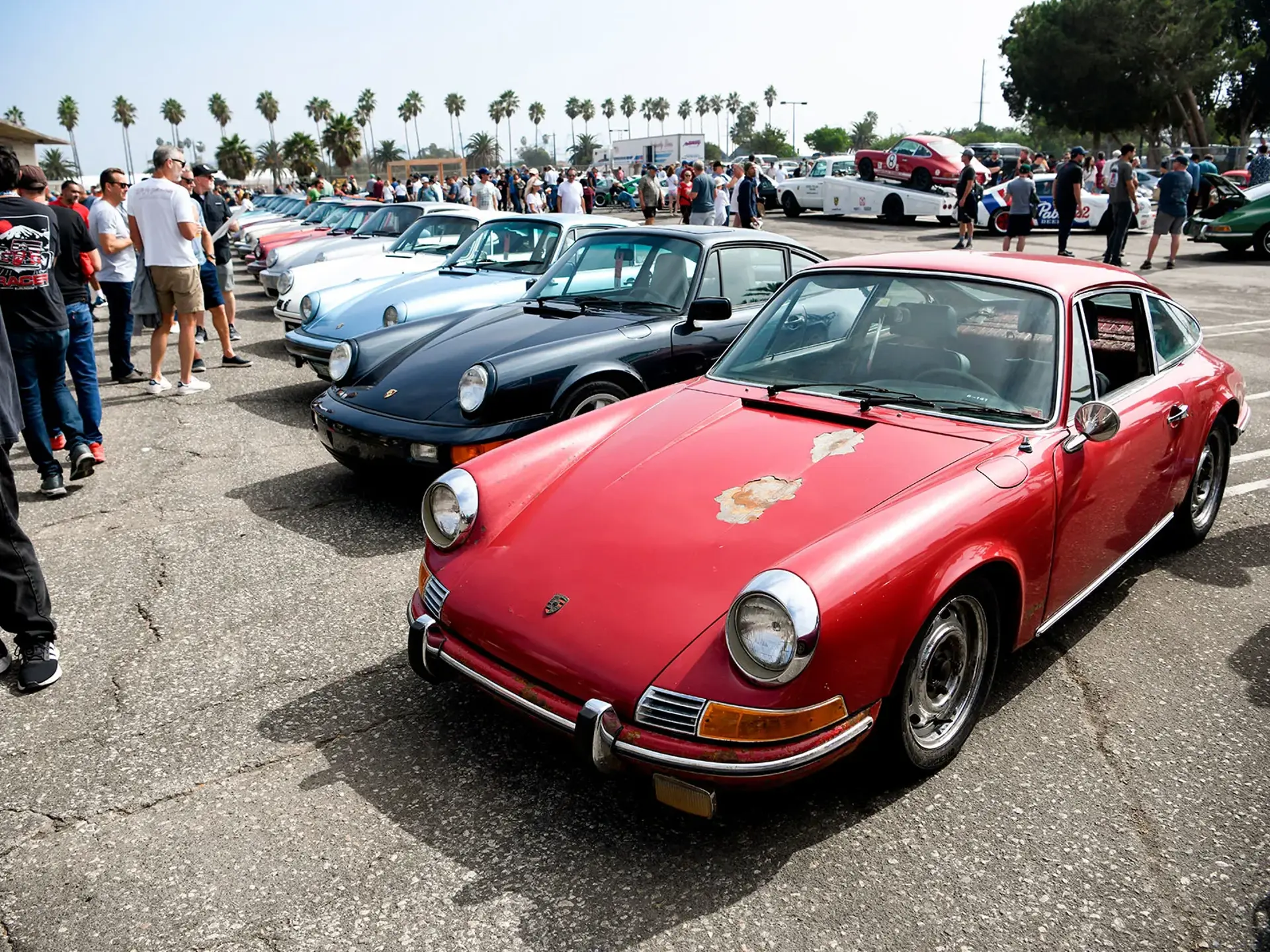 Række af klassiske luftkølede Porsche-sportsvogne udstillet på en parkeringsplads med mange mennesker omkring.