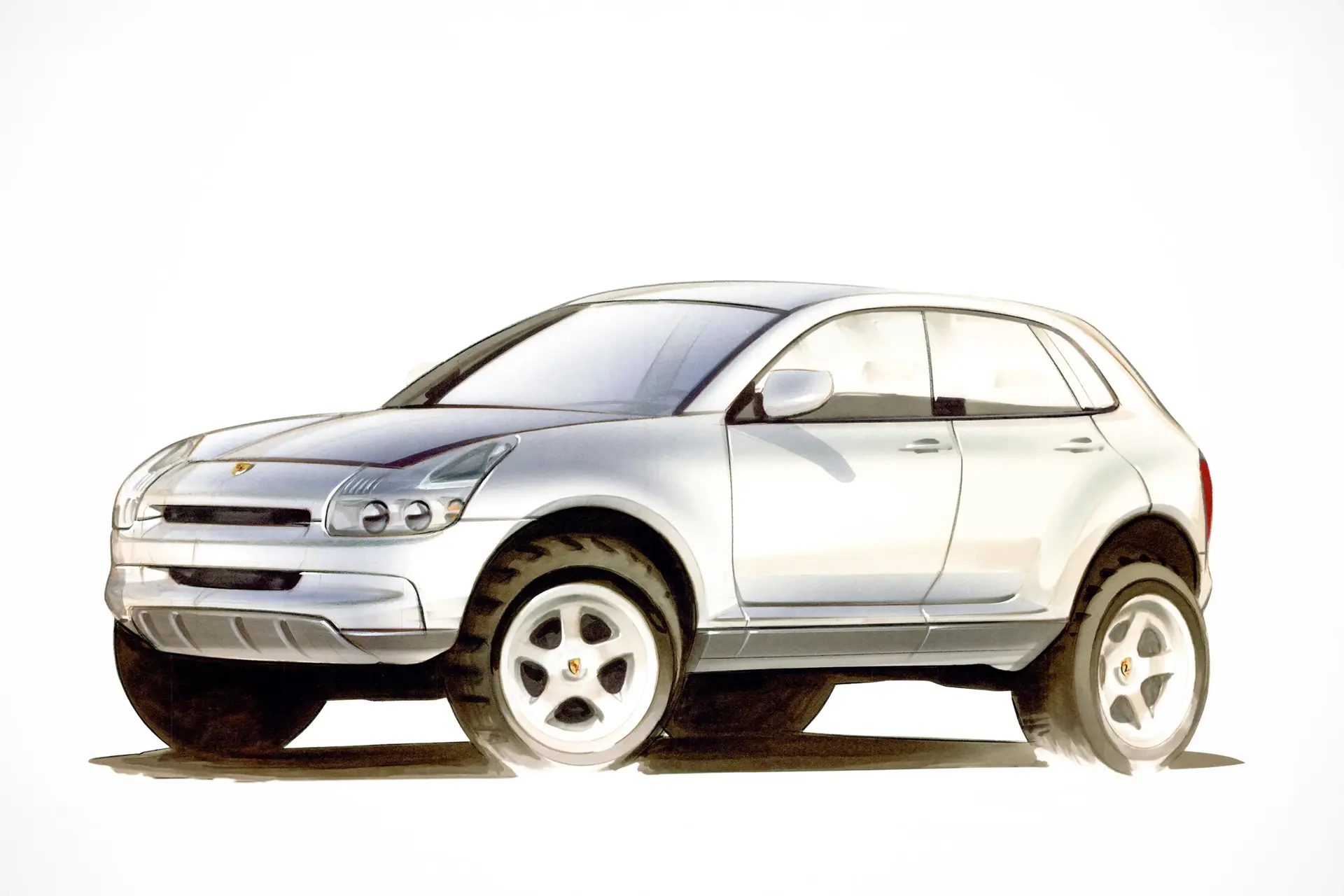 Illustration af en sølvfarvet Porsche Cayenne SUV set skråt forfra mod hvid baggrund.