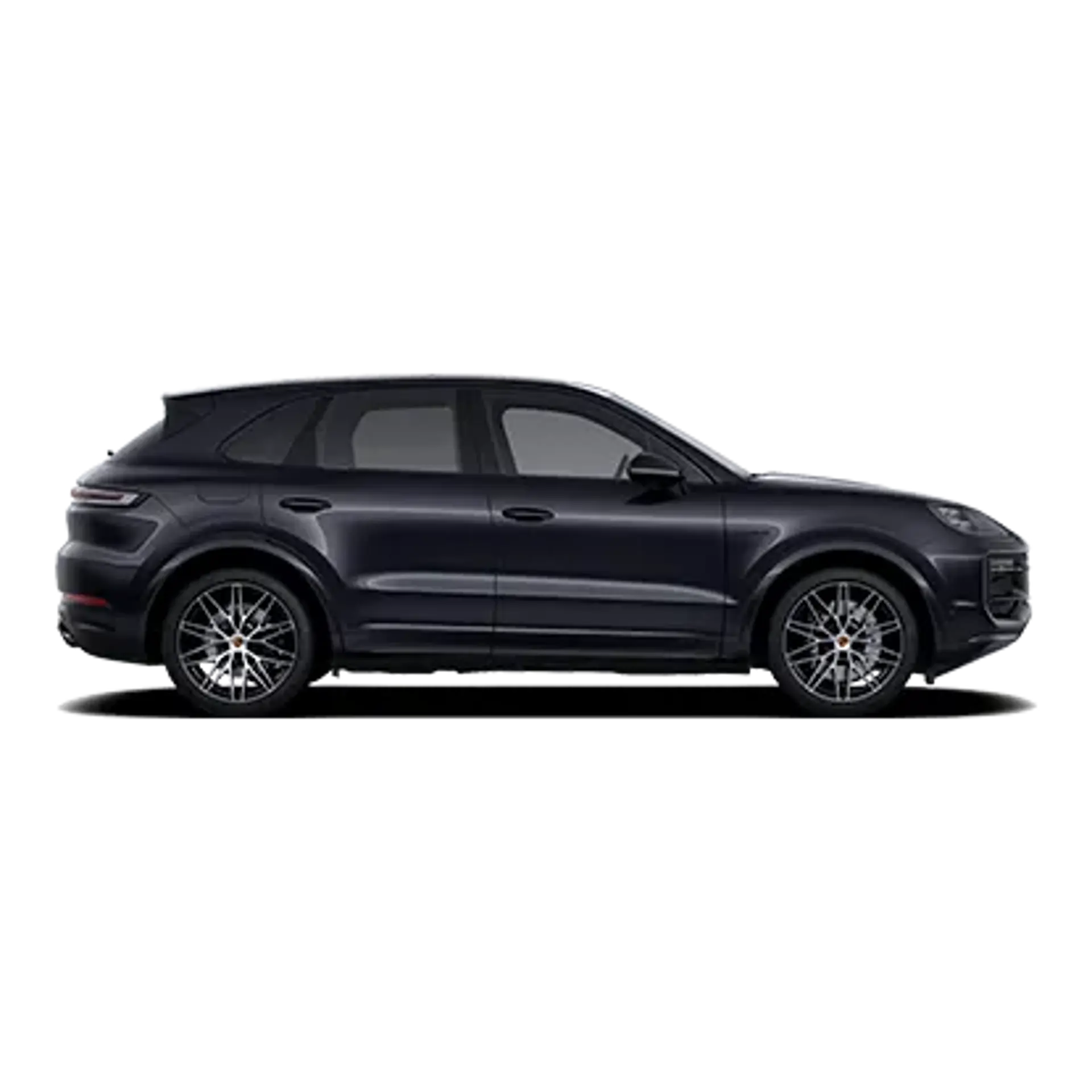 Mørk Porsche Cayenne E-Performance SUV set fra siden på hvid baggrund.